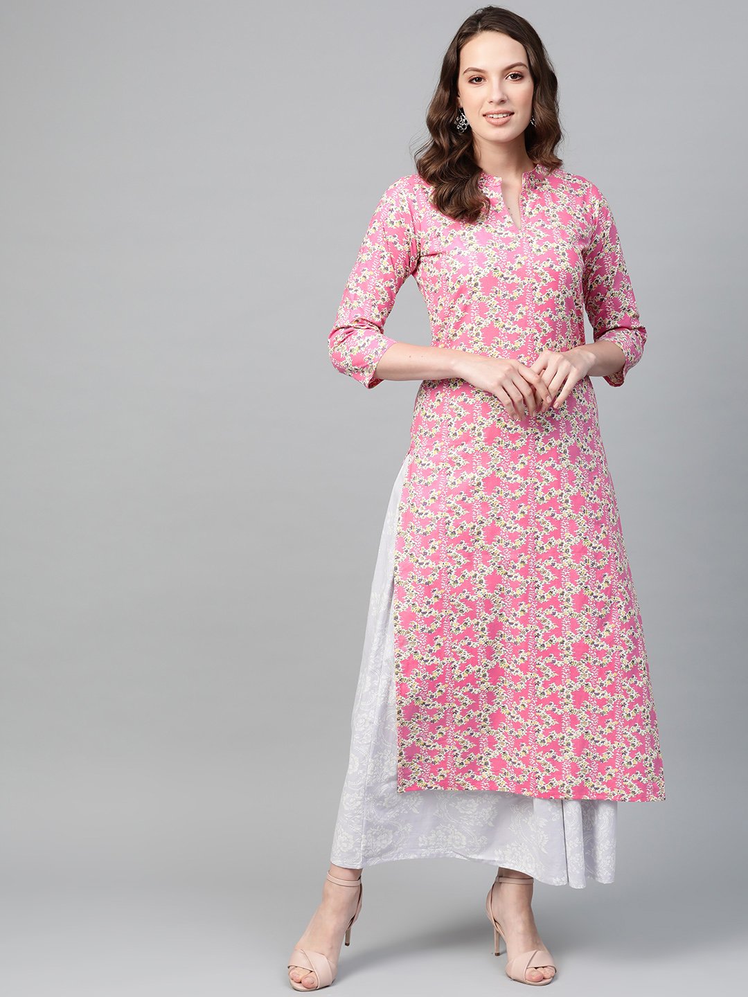 Women's Nayo Pink & Off White Straight Floral Printed Kurta And Skirt Set - Nayo Clothing