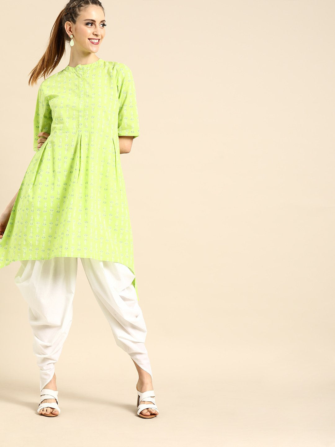 Women's Nayo Lime Green Three-Quarter Sleeves Asymmetric Kurta With Dhoti Pants - Nayo Clothing