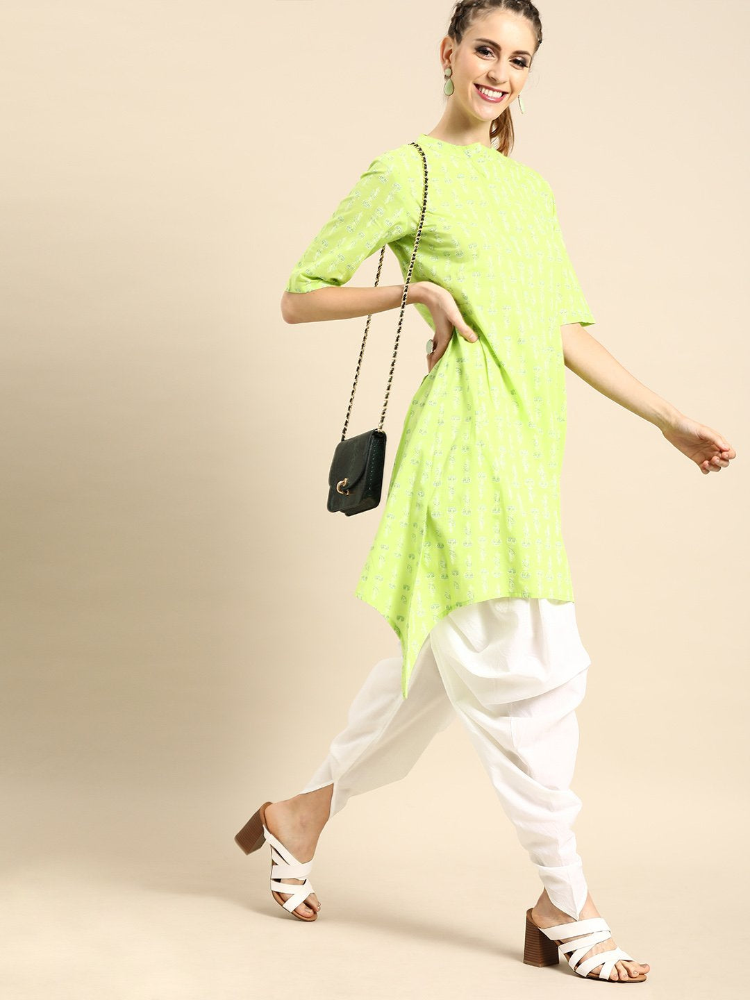 Women's Nayo Lime Green Three-Quarter Sleeves Asymmetric Kurta With Dhoti Pants - Nayo Clothing