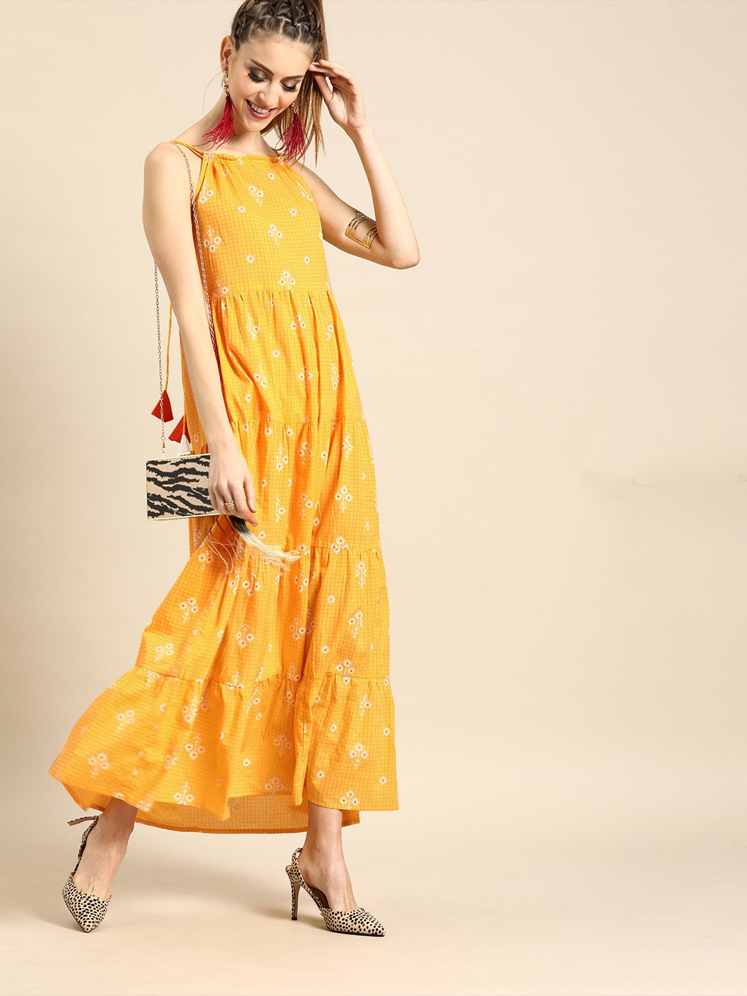 Women's Nayo Yellow Floral Printed Shoulder Straps Fit And Flare Dress - Nayo Clothing