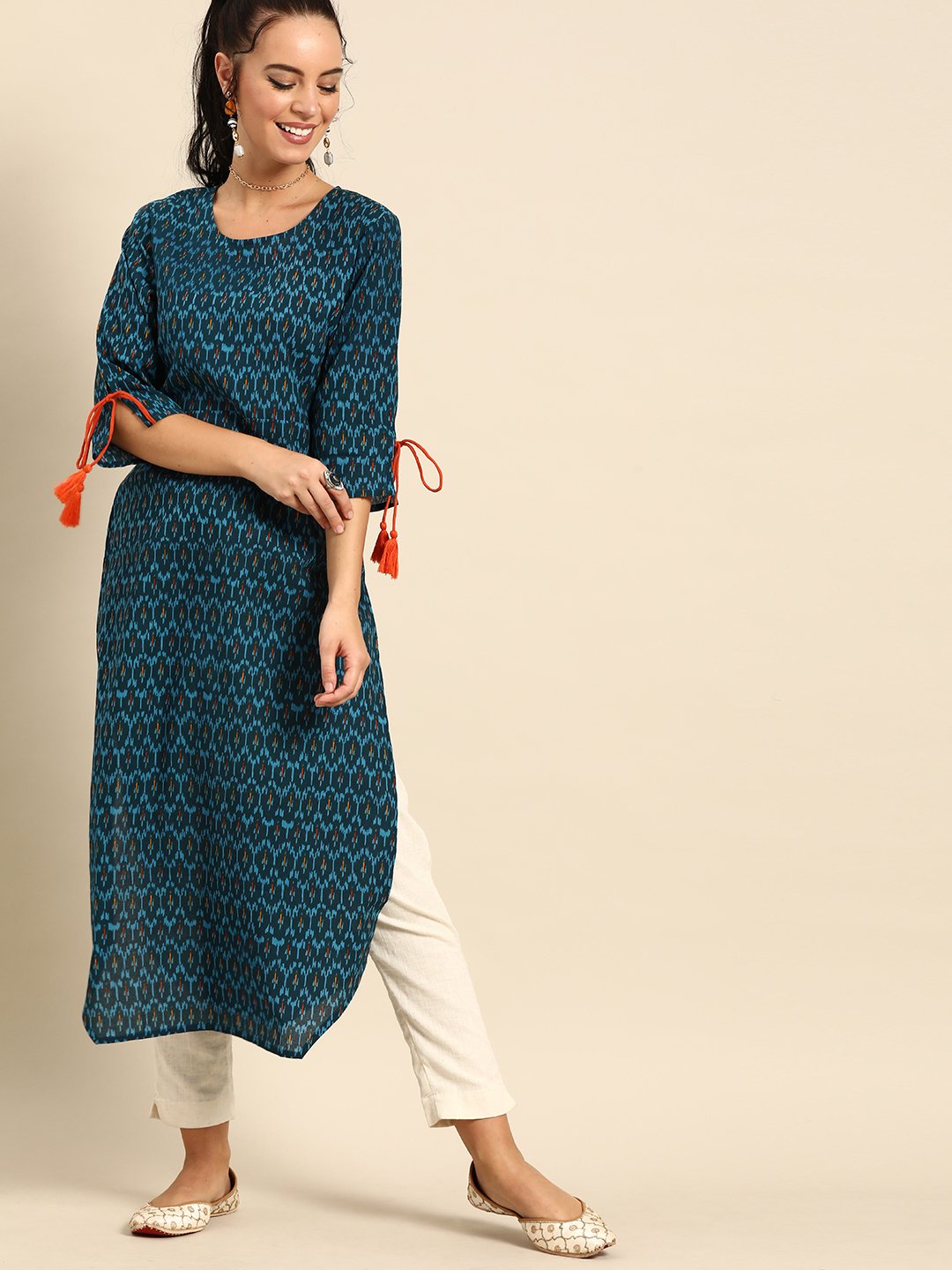 Women's Nayo Blue Calf Length Three-Quarter Sleeves Straight Geometric Printed Cotton Kurta - Nayo Clothing