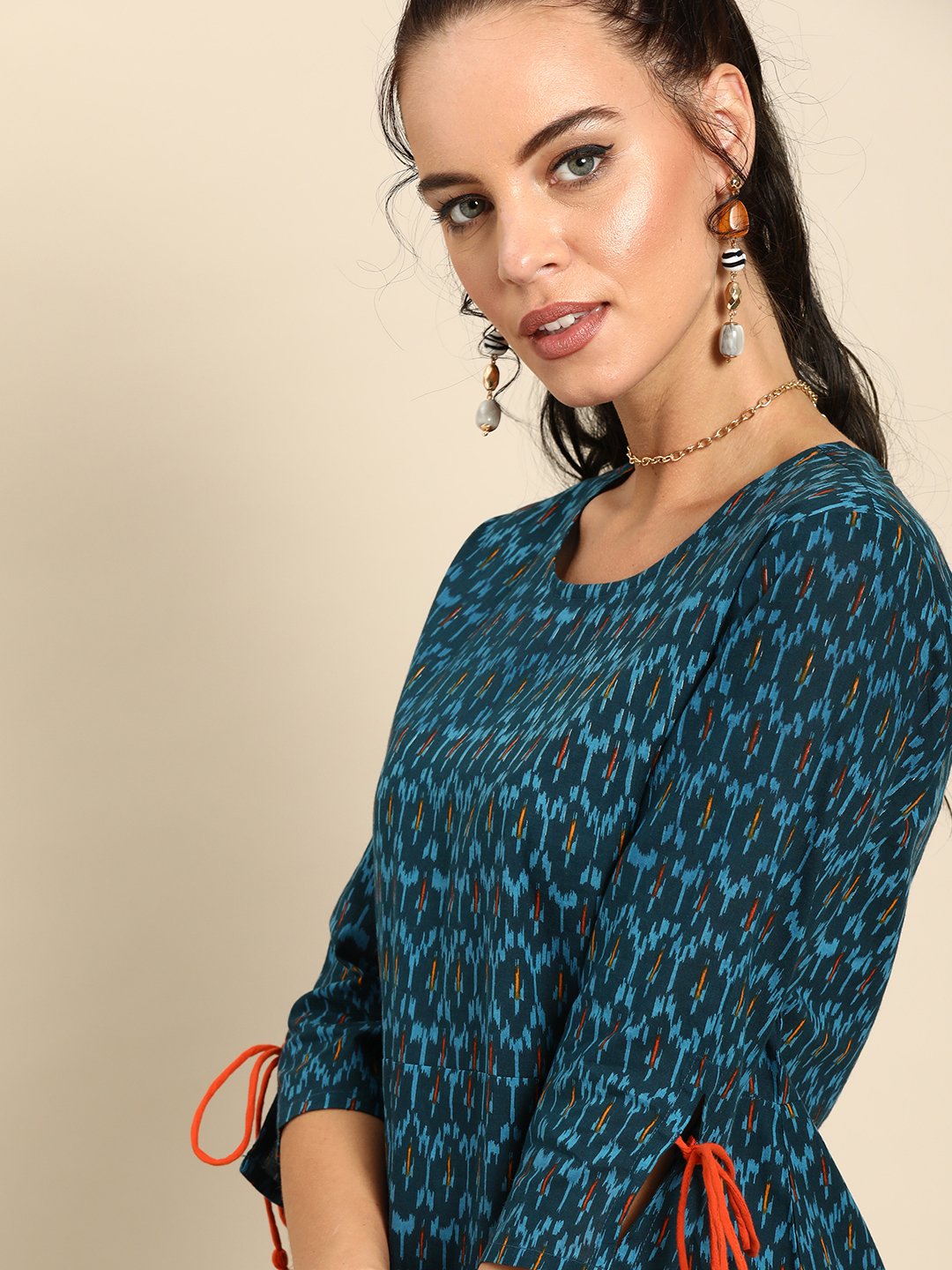 Women's Nayo Blue Calf Length Three-Quarter Sleeves Straight Geometric Printed Cotton Kurta - Nayo Clothing