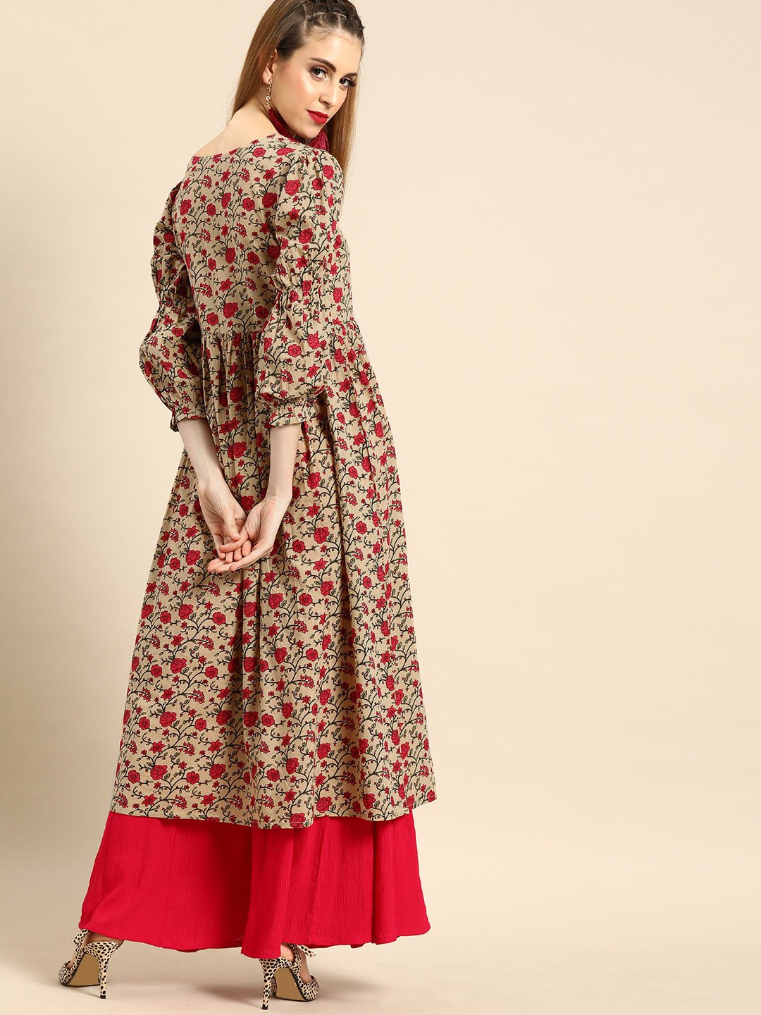 Women's Beige Calf Length Three-Quarter Sleeves A-Line Floral Printed Cotton Kurta - Nayo Clothing