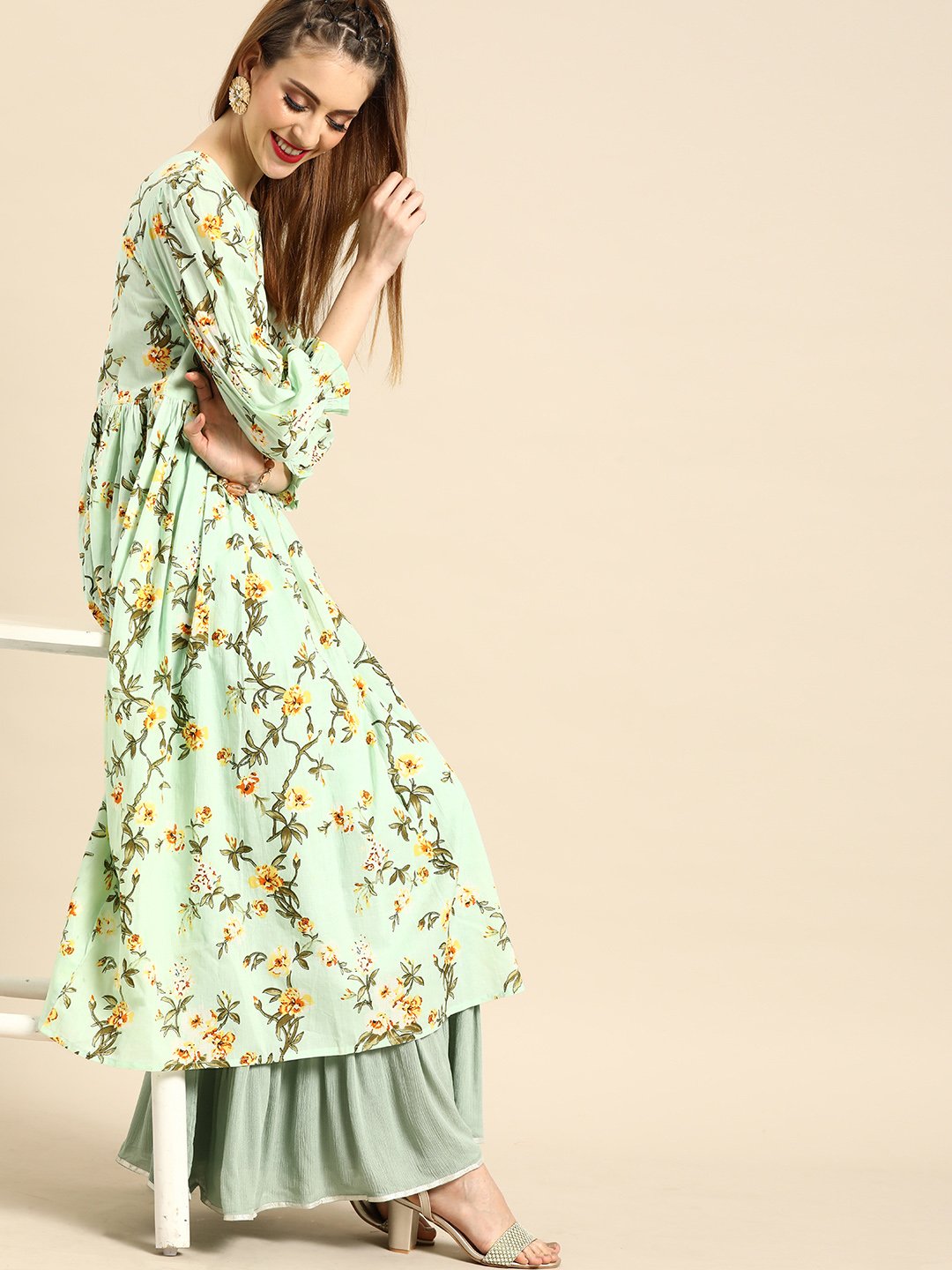 Women's Nayo Mint Green Calf Length Three-Quarter Sleeves A-Line Floral Printed Cotton Kurta - Nayo Clothing