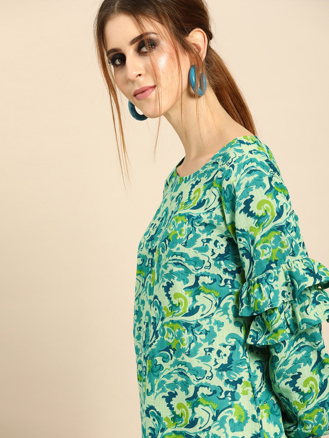 Women's Nayo Green Calf Length Long Sleeves Straight Floral Printed Cotton Kurta - Nayo Clothing