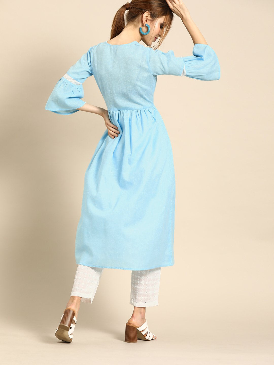 Women's Blue & White Solid Kurta With Schiffli Trousers - Nayo Clothing