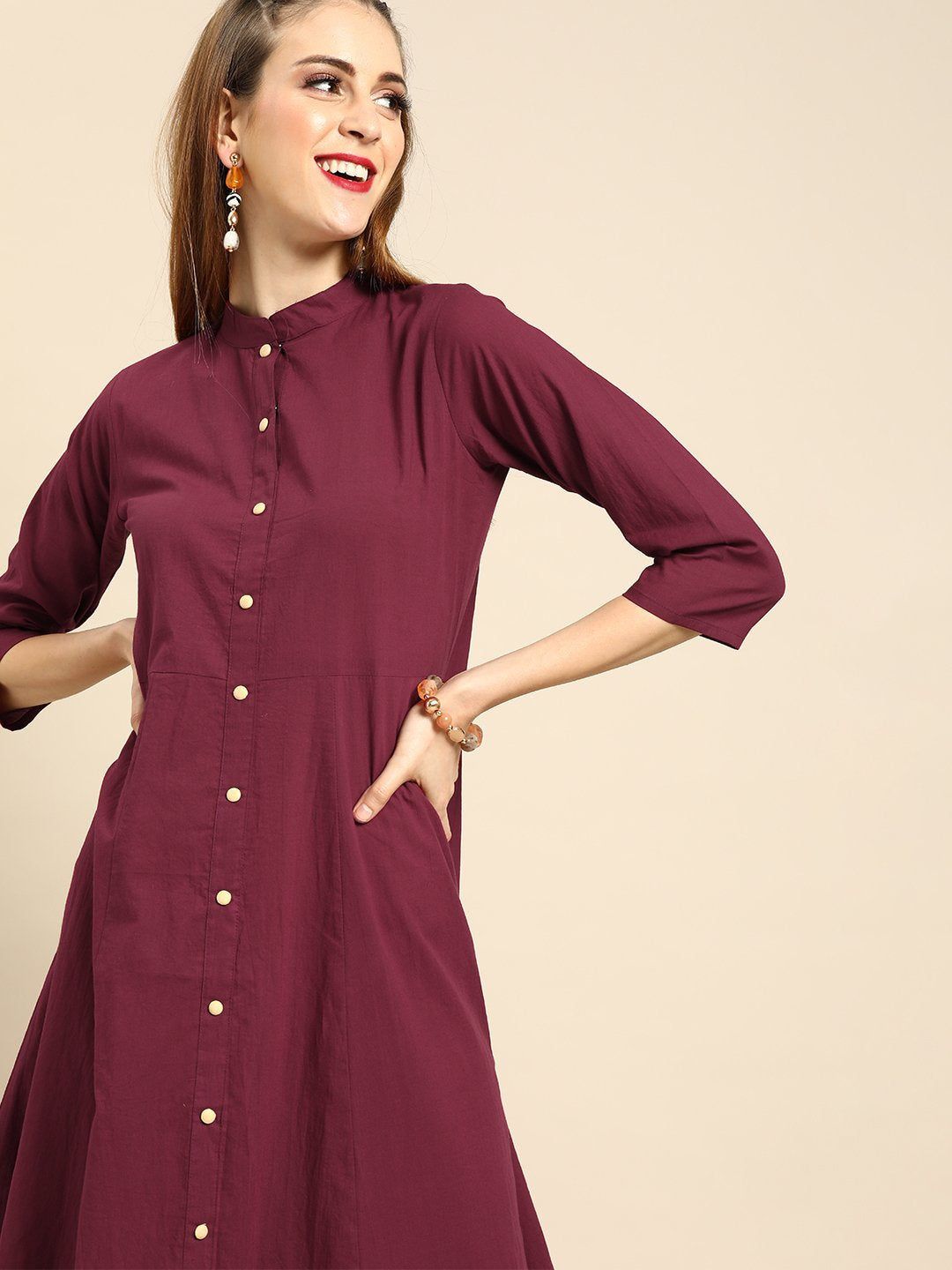 Women's Nayo Burgundy Solid Solid Mandarin Collar Fit And Flare Dress - Nayo Clothing