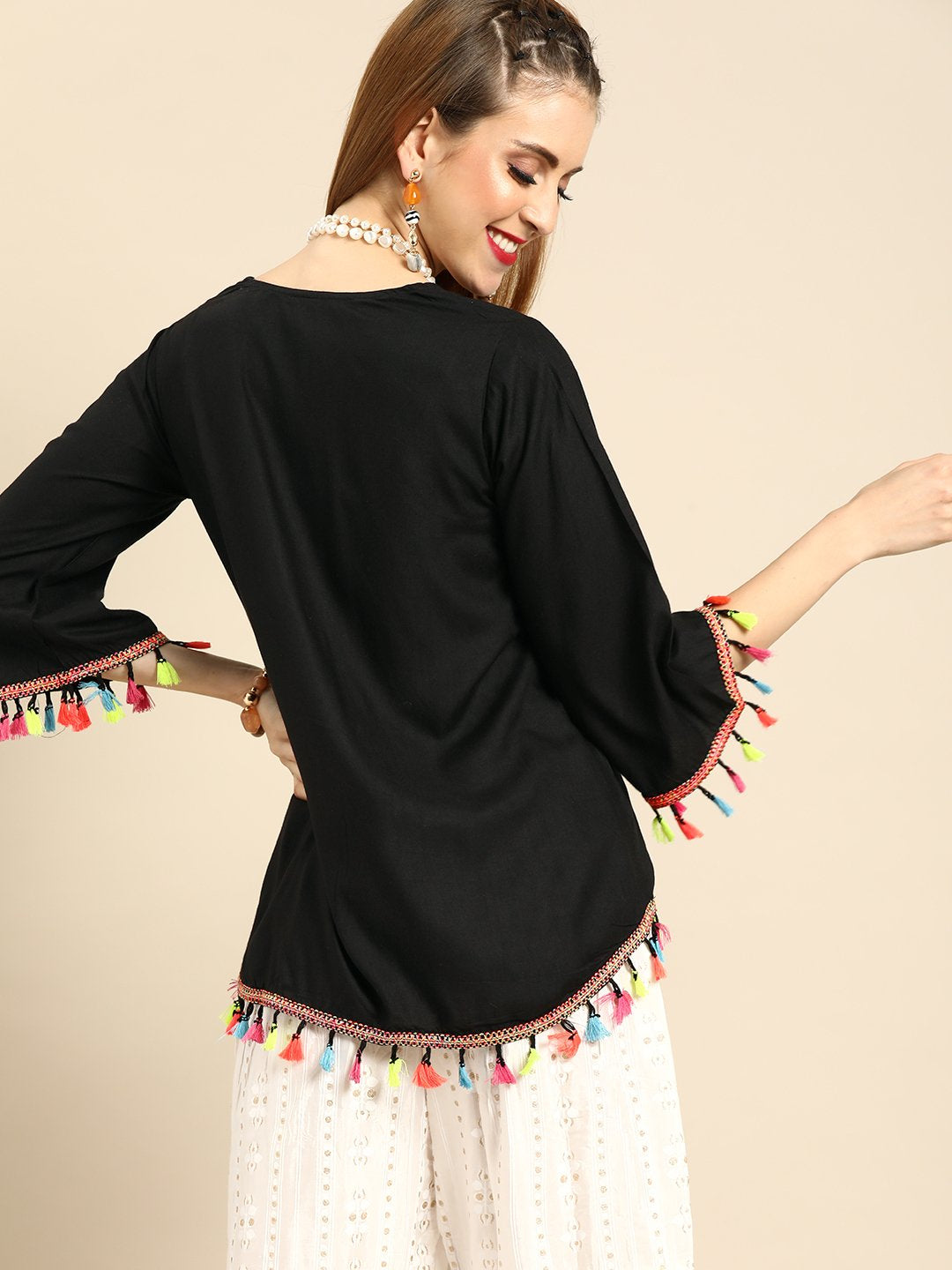 Women's Nayo Solid Black Shrug With Tassle And Pom Pom Detail - Nayo Clothing