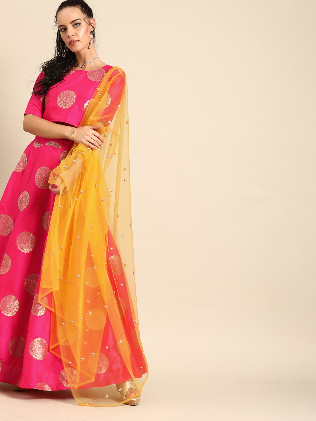 Women's Nayo Pink Broked Jaqard Lehenga Choli With Dupatta - Nayo Clothing