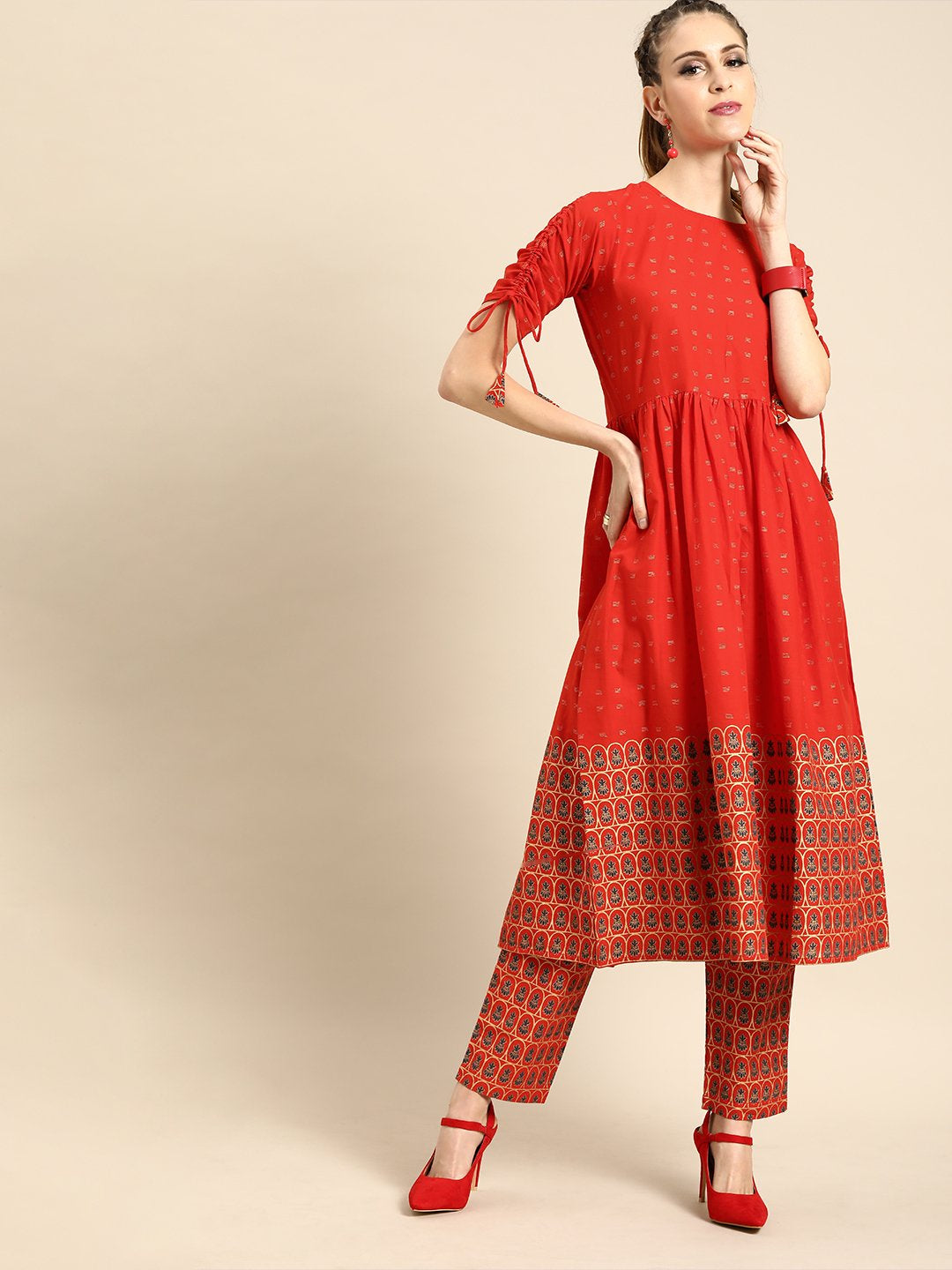Women's Nayo Red Short Sleeves Flared Gathered Kurta With Palazzo - Nayo Clothing