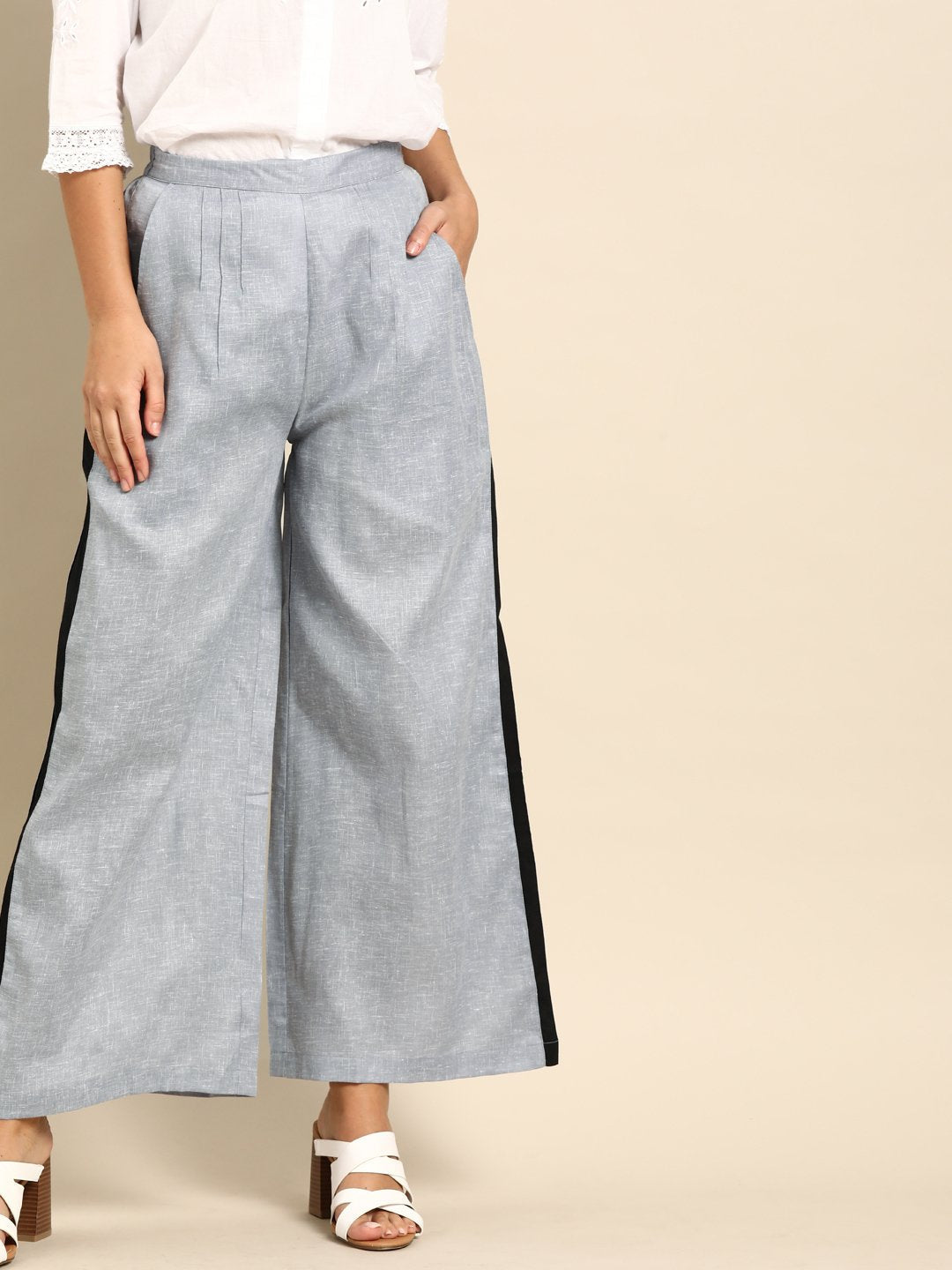 Women's Nayo Grey  Self Design Cotton Wide Leg Palazzo - Nayo Clothing