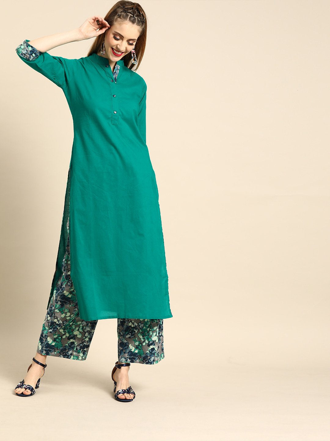 Women's Nayo Green Three-Quarter Sleeves Straight Straight Kurta With Palazzo - Nayo Clothing
