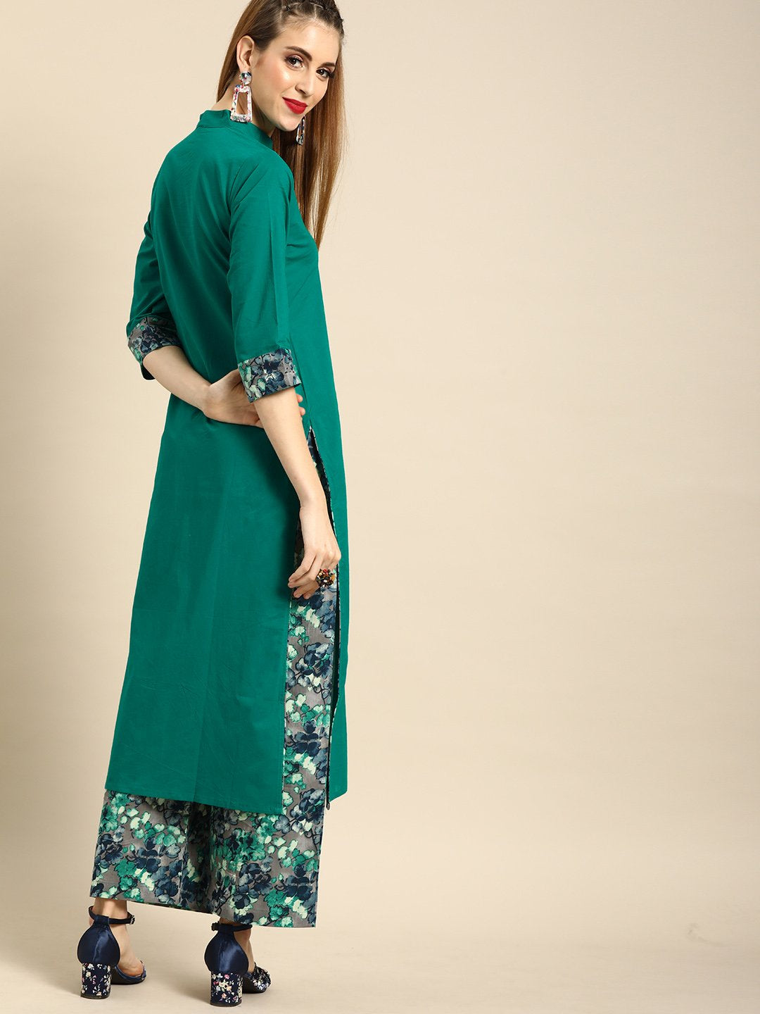 Women's Nayo Green Three-Quarter Sleeves Straight Straight Kurta With Palazzo - Nayo Clothing