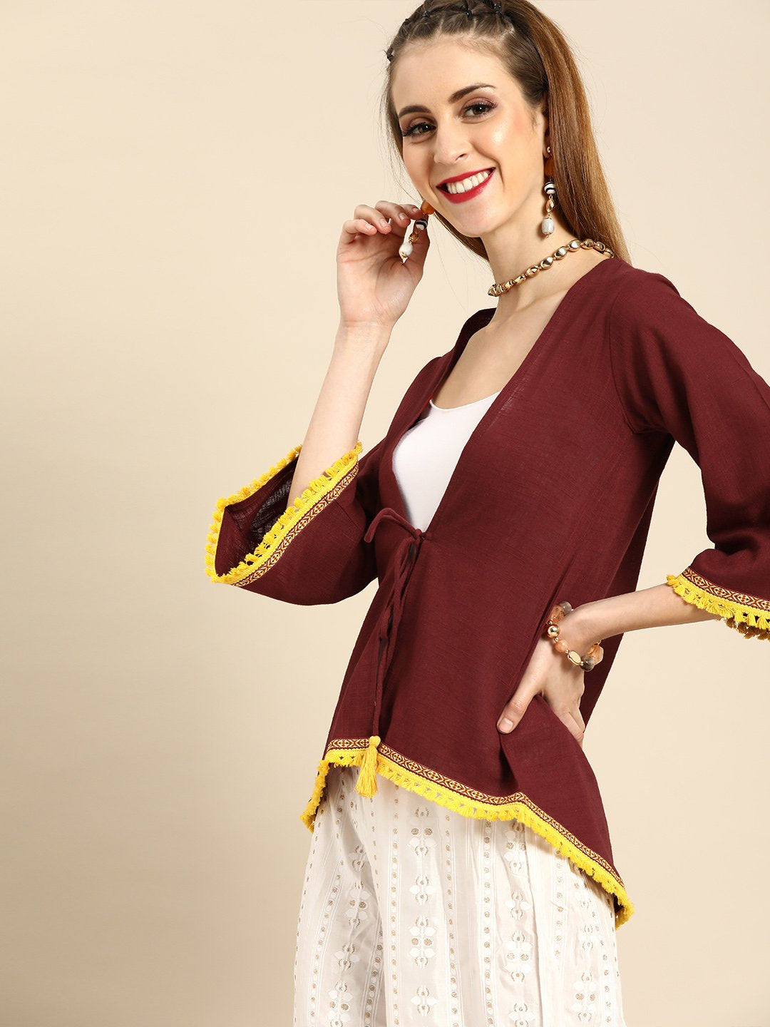 Women's Nayo Solid Maroon Shrug With Tassle And Lace Detail - Nayo Clothing