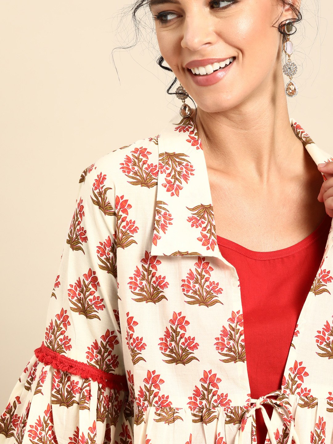 Women's Nayo Red Calf Length Three-Quarter Sleeves Straight Floral Printed Cotton Kurta With Jacket - Nayo Clothing