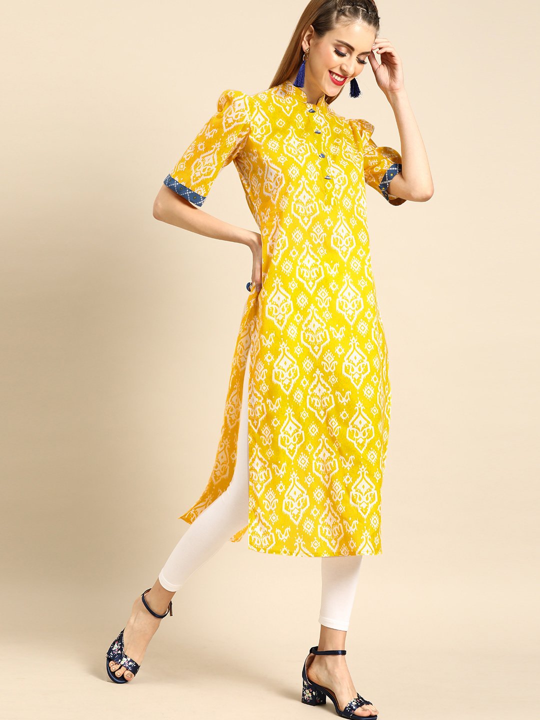 Women's Nayo Yellow Calf Length Short Sleeves Straight Ethnic Motifs Printed Cotton Kurta With Jacket - Nayo Clothing