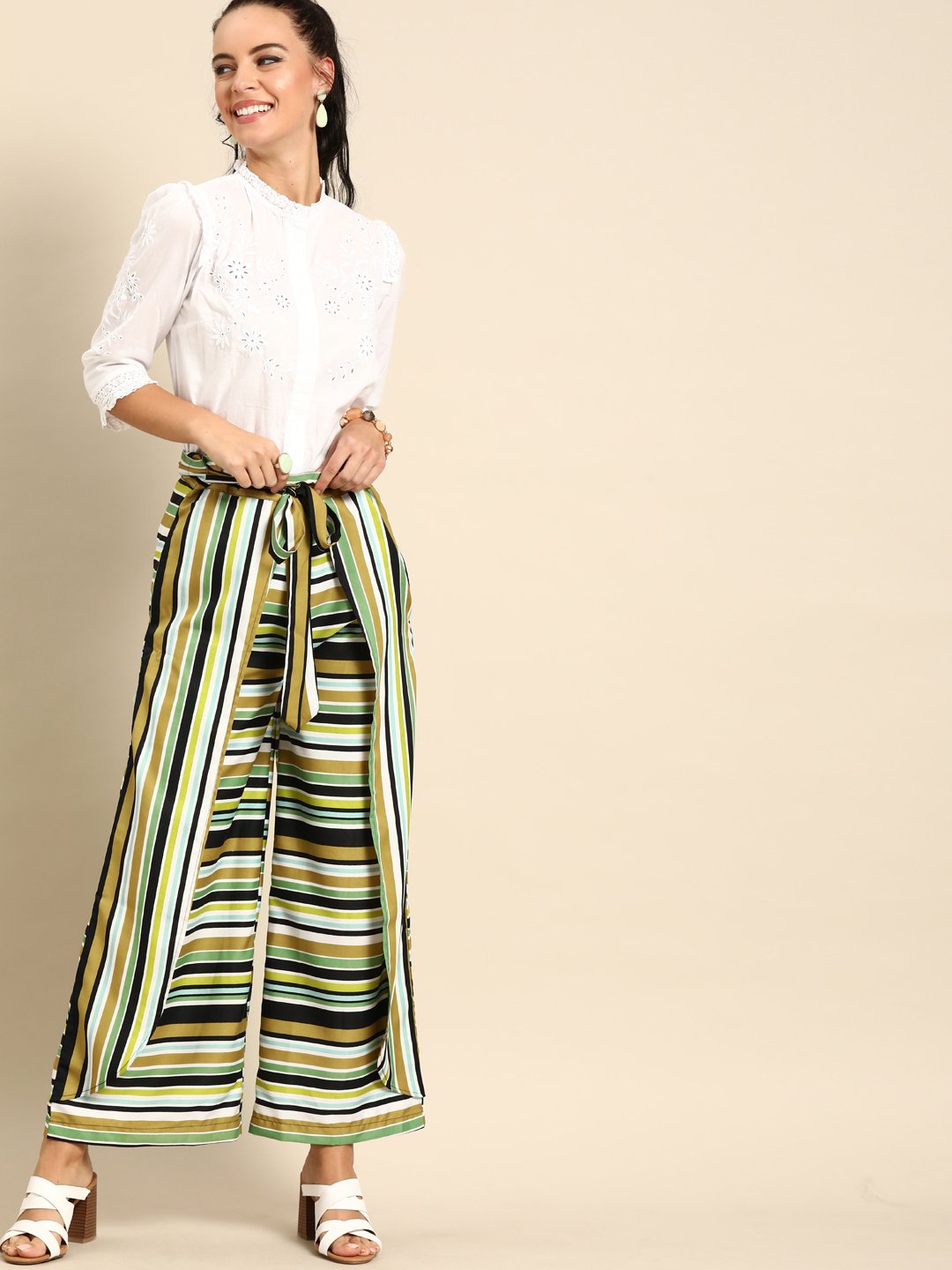 Women's Nayo Multi Striped Striped Cotton Wide Leg Palazzo - Nayo Clothing