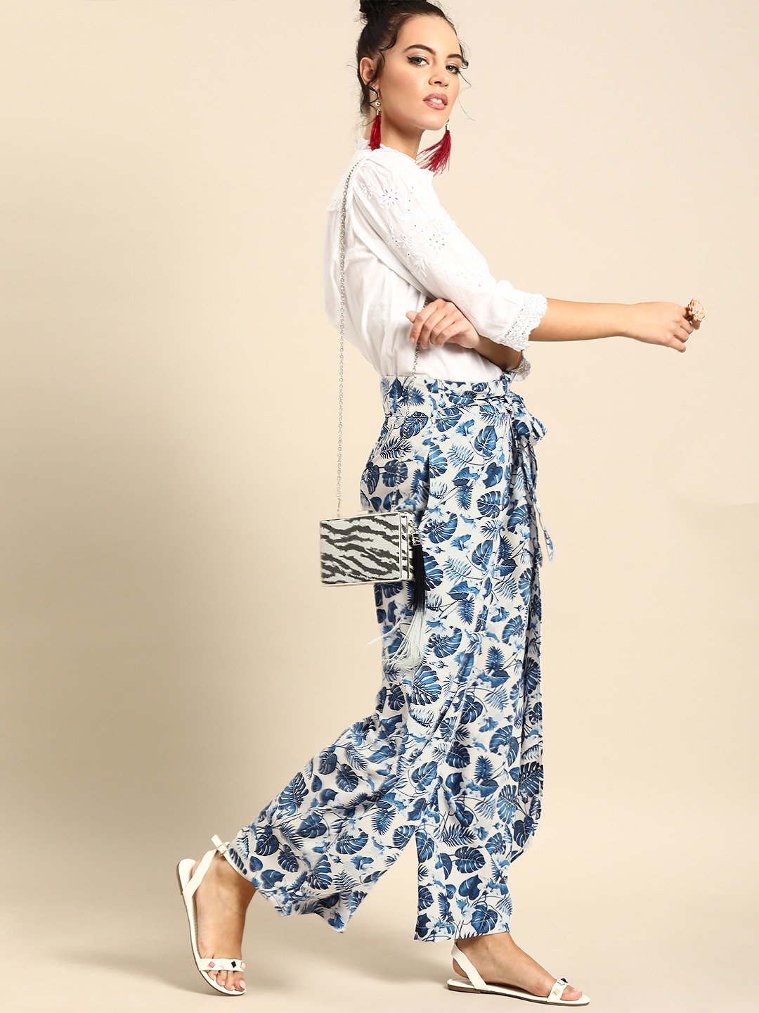 Women's Nayo Off-White  Blue Printed Wide Leg Palazzos - Nayo Clothing