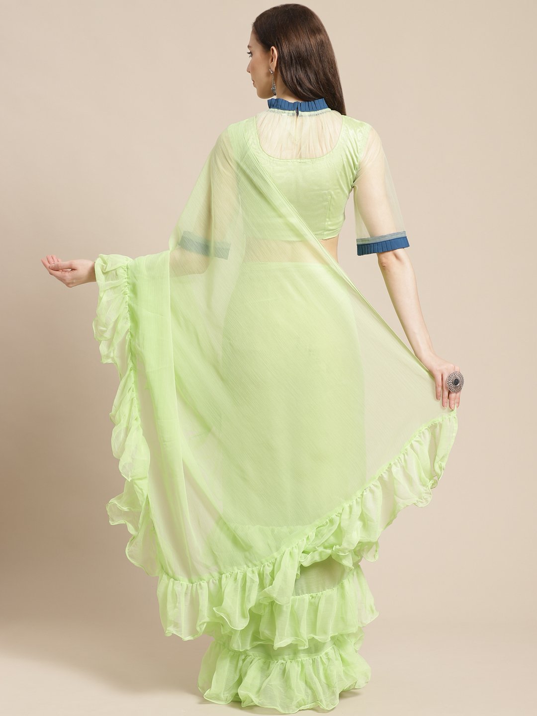 Women's Mint Green Ruffled Saree With Ruffled Blouse - Nayo Clothing