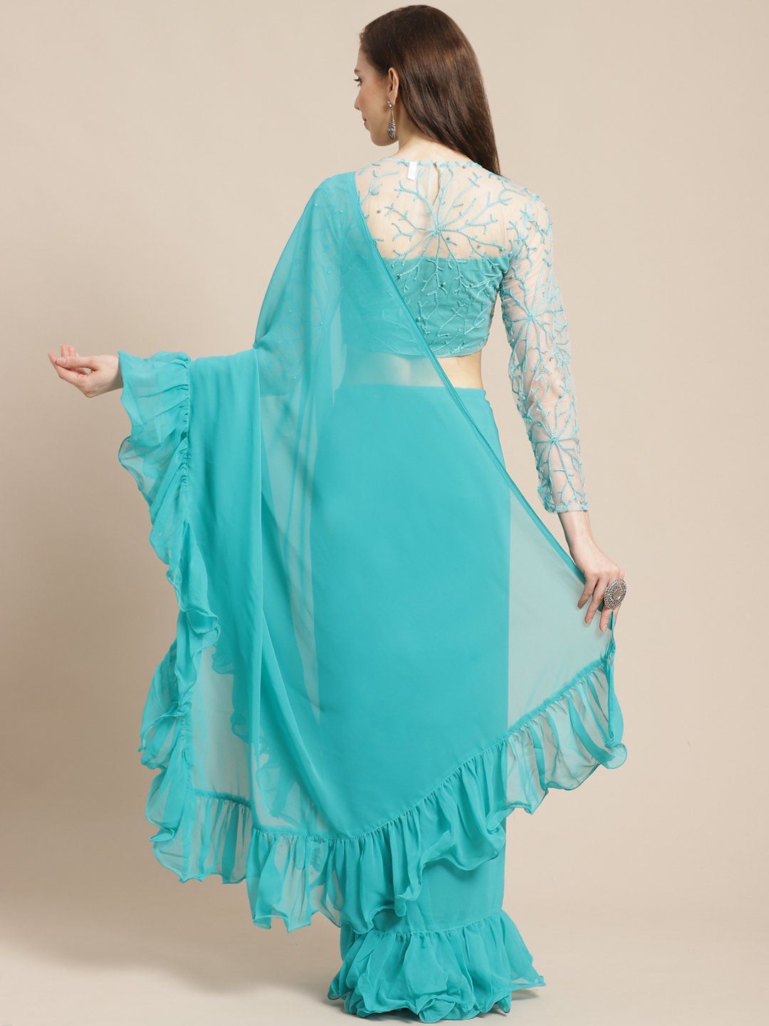 Women's Sky Blue Ruffled Saree With Blouse - Nayo Clothing