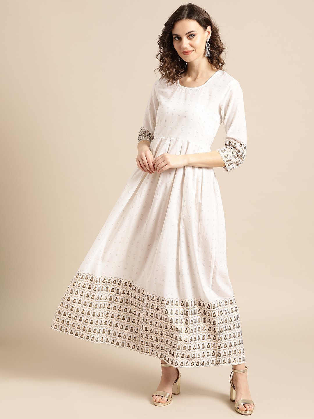 Women's Nayo White Ethnic Motifs Printed Round Neck Cotton A-Line Dress - Nayo Clothing