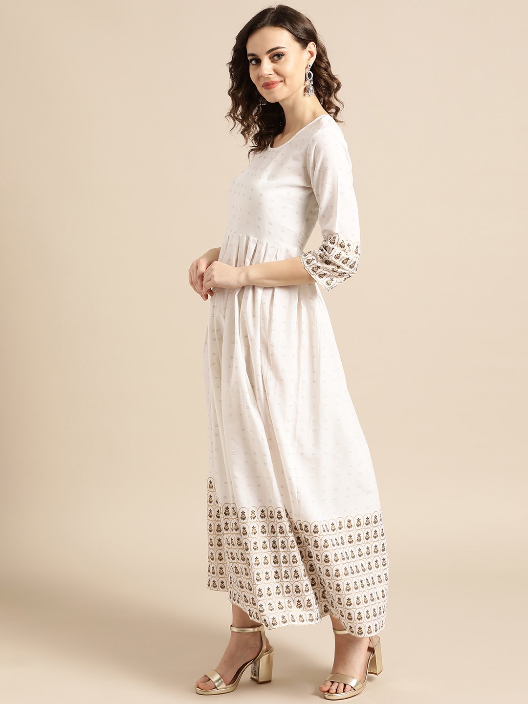 Women's Nayo White Ethnic Motifs Printed Round Neck Cotton A-Line Dress - Nayo Clothing