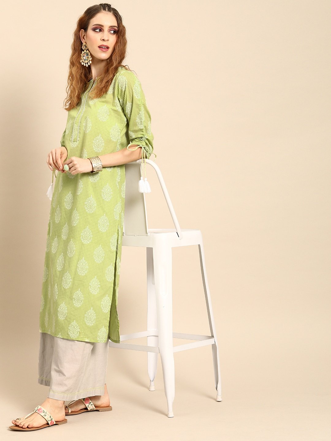 Women's Pistachio Green Calf Length Three-Quarter Sleeves Straight Ethnic Motifs Printed Cotton Kurta - Nayo Clothing