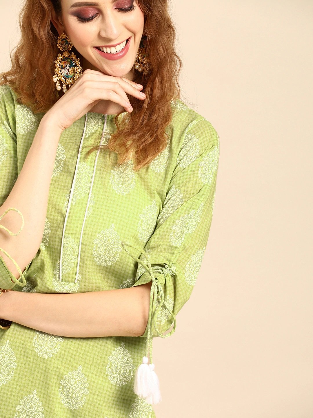 Women's Pistachio Green Calf Length Three-Quarter Sleeves Straight Ethnic Motifs Printed Cotton Kurta - Nayo Clothing