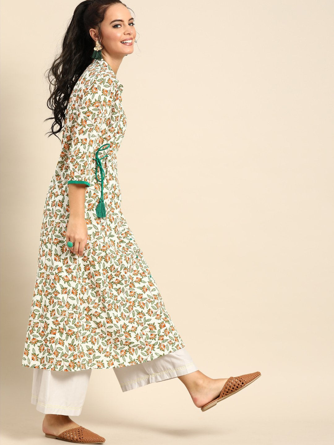 Women's Nayo Off White Calf Length Three-Quarter Sleeves A-Line Floral Printed Cotton Kurta - Nayo Clothing