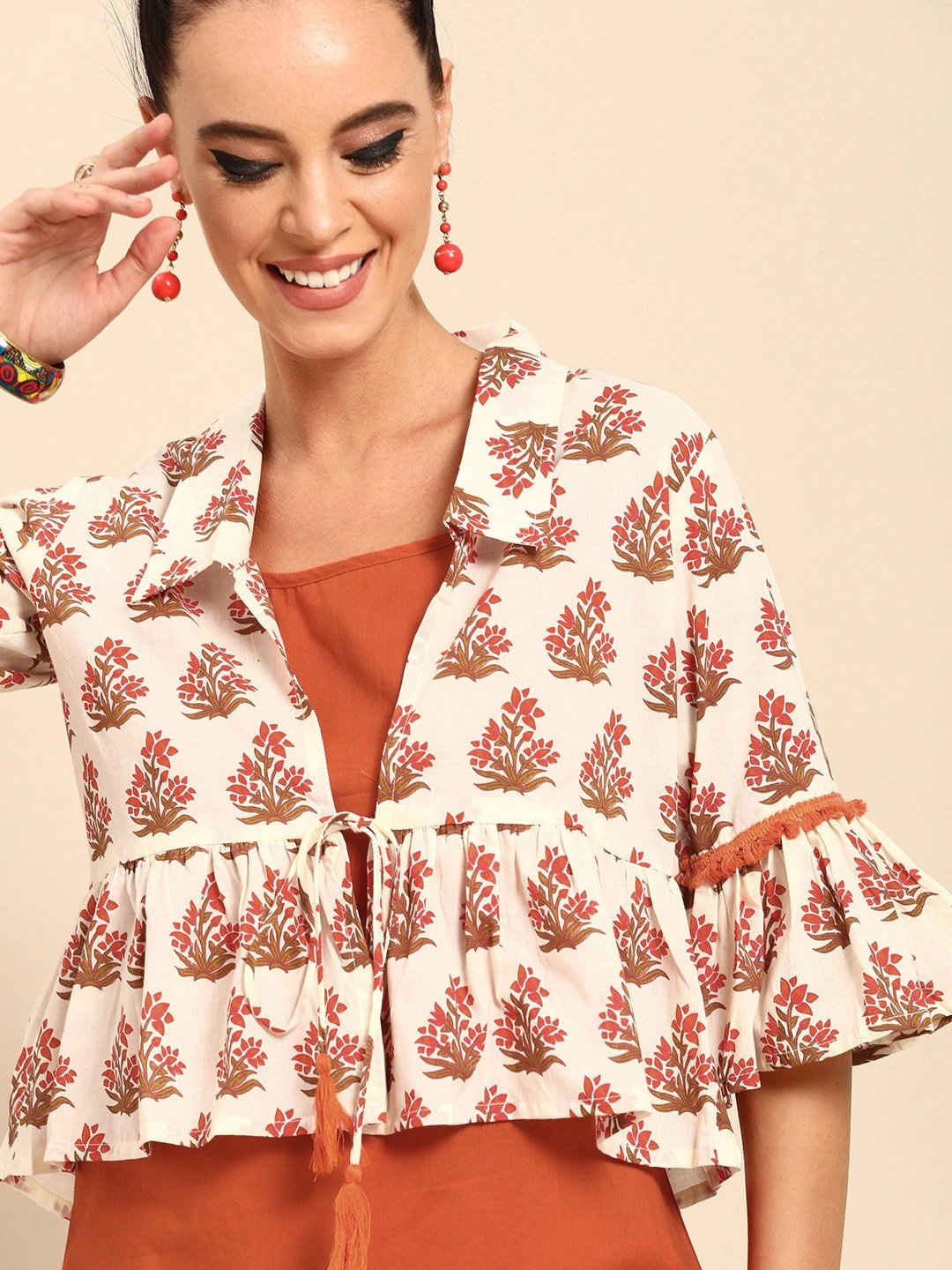 Women's Rust Orange  Calf Length Three-Quarter Sleeves Straight Floral Printed Cotton Kurta With Jacket - Nayo Clothing