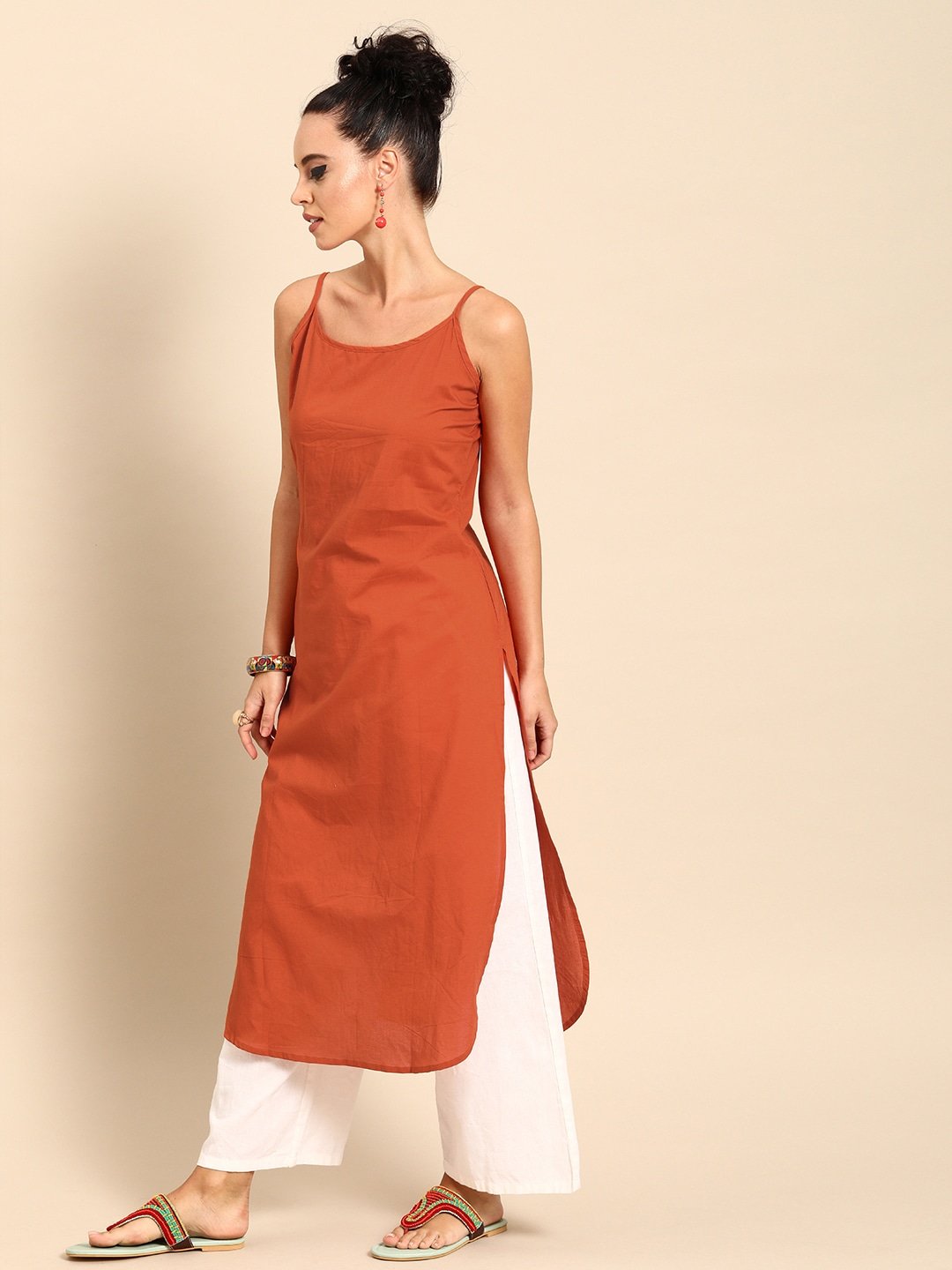 Women's Rust Orange  Calf Length Three-Quarter Sleeves Straight Floral Printed Cotton Kurta With Jacket - Nayo Clothing