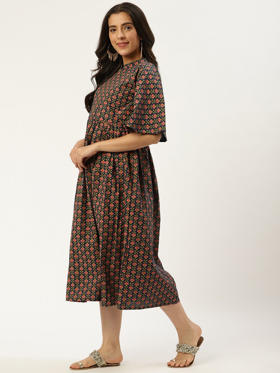 Women's Blue Floral Printed Mandarin Collar Cotton Fit And Flare Dress - Nayo Clothing