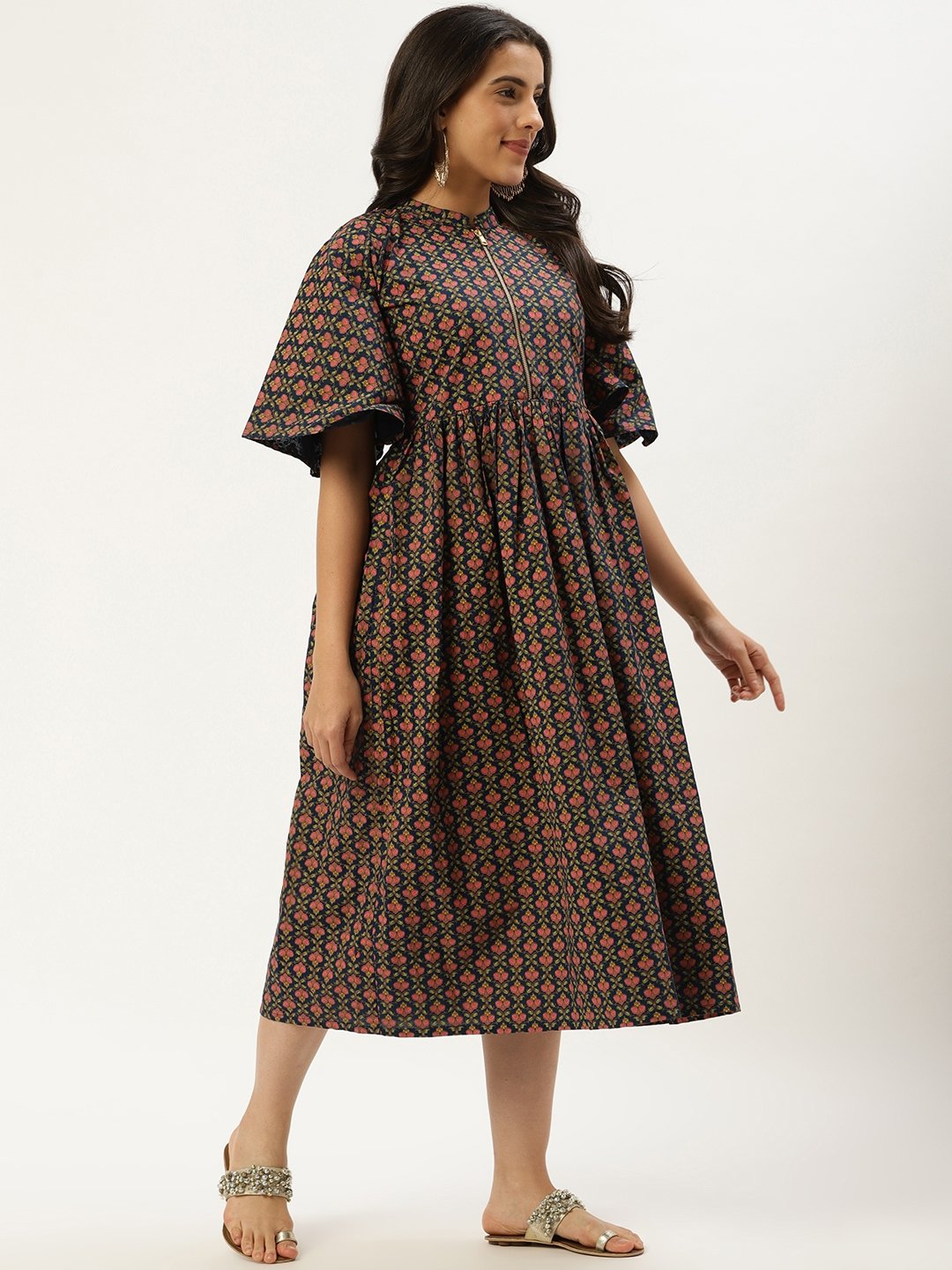 Women's Blue Floral Printed Mandarin Collar Cotton Fit And Flare Dress - Nayo Clothing