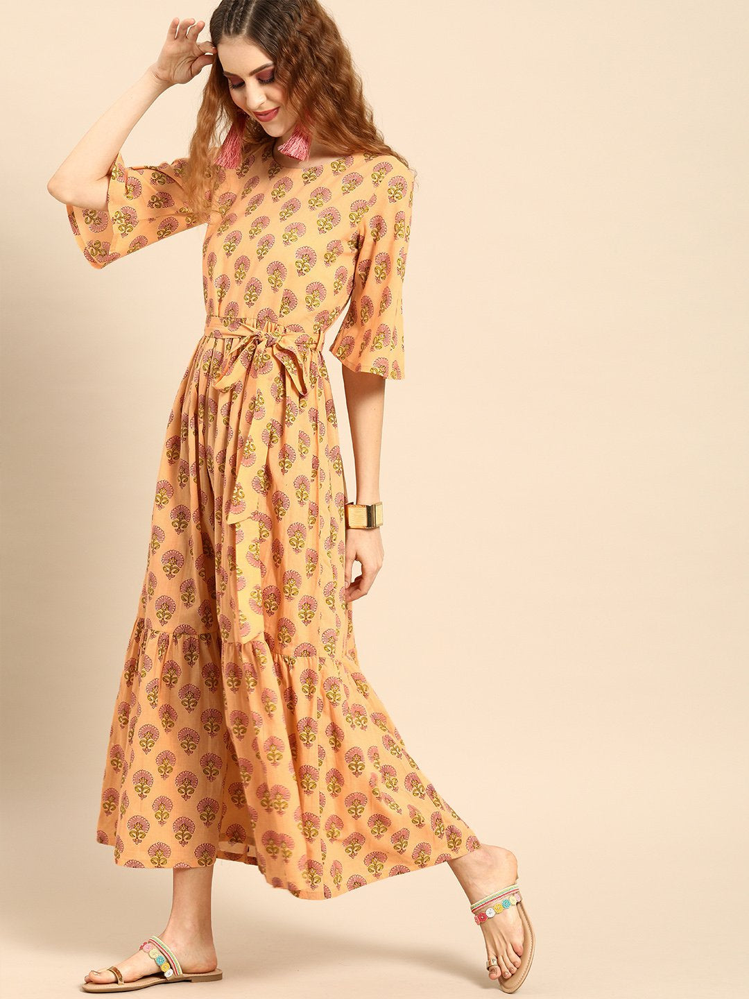 Women's Nayo Peach-Coloured Printed Fit And Flare Dress - Nayo Clothing
