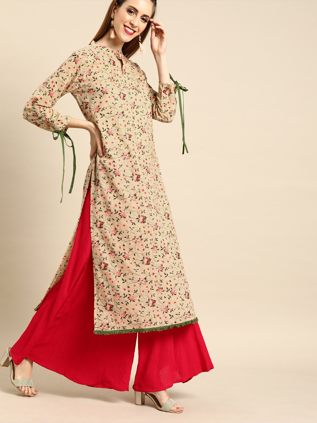 Women's Beige Calf Length Long Sleeves Straight Floral Printed Cotton Kurta - Nayo Clothing