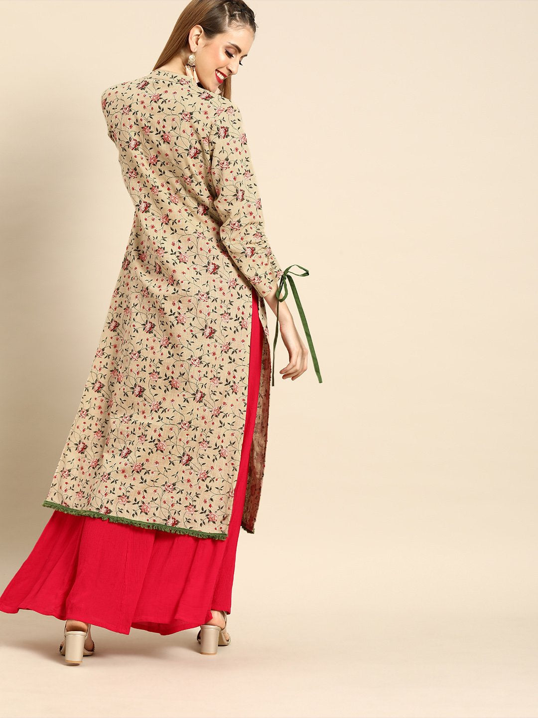 Women's Beige Calf Length Long Sleeves Straight Floral Printed Cotton Kurta - Nayo Clothing