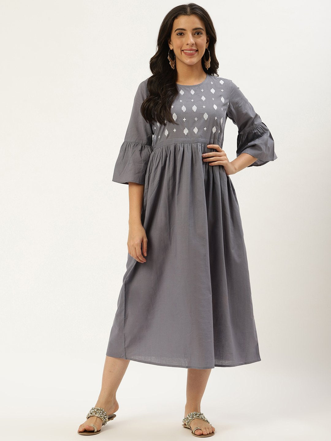 Women's Grey Solid Solid Round Neck Cotton A-Line Dress - Nayo Clothing