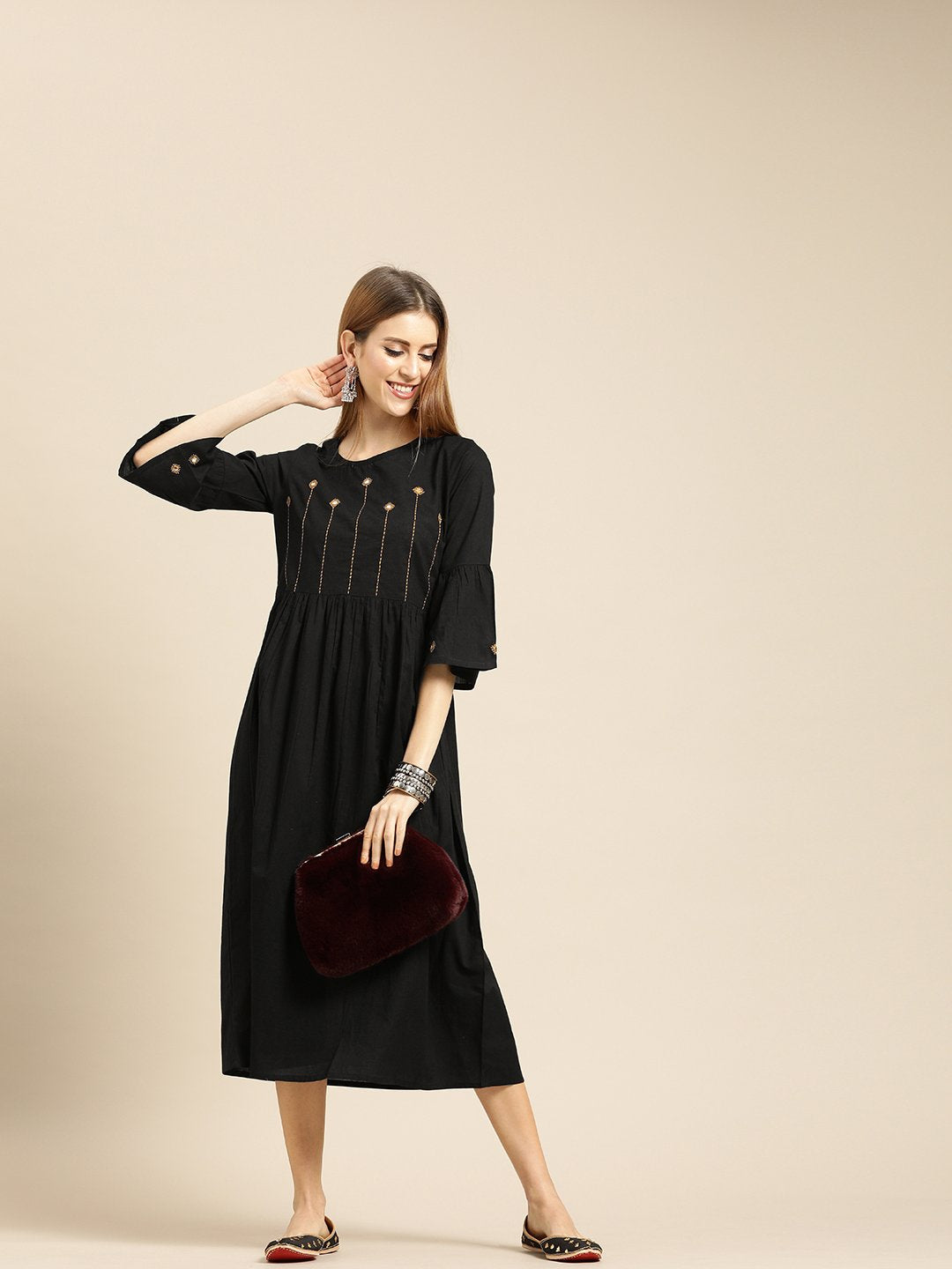 Women's Black Solid Solid Round Neck Cotton A-Line Dress - Nayo Clothing