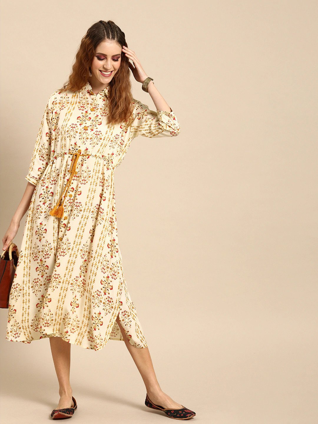 Women's Nayo Cream-Coloured  Mustard Yellow Printed A-Line Dress With Gathers  Tie-Up - Nayo Clothing