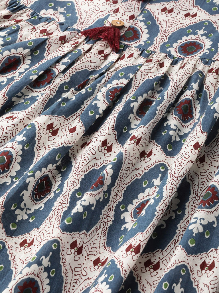 Women's White Ethnic Motifs Printed Mandarin Collar Cotton Fit and Flar