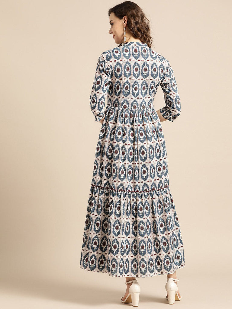 Women's White Ethnic Motifs Printed Mandarin Collar Cotton Fit and Flar