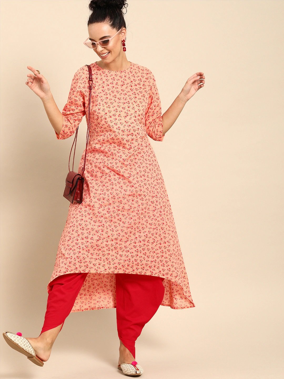 Women's Peach Three-Quarter Sleeves Asymmetric Kurta Set - Nayo Clothing