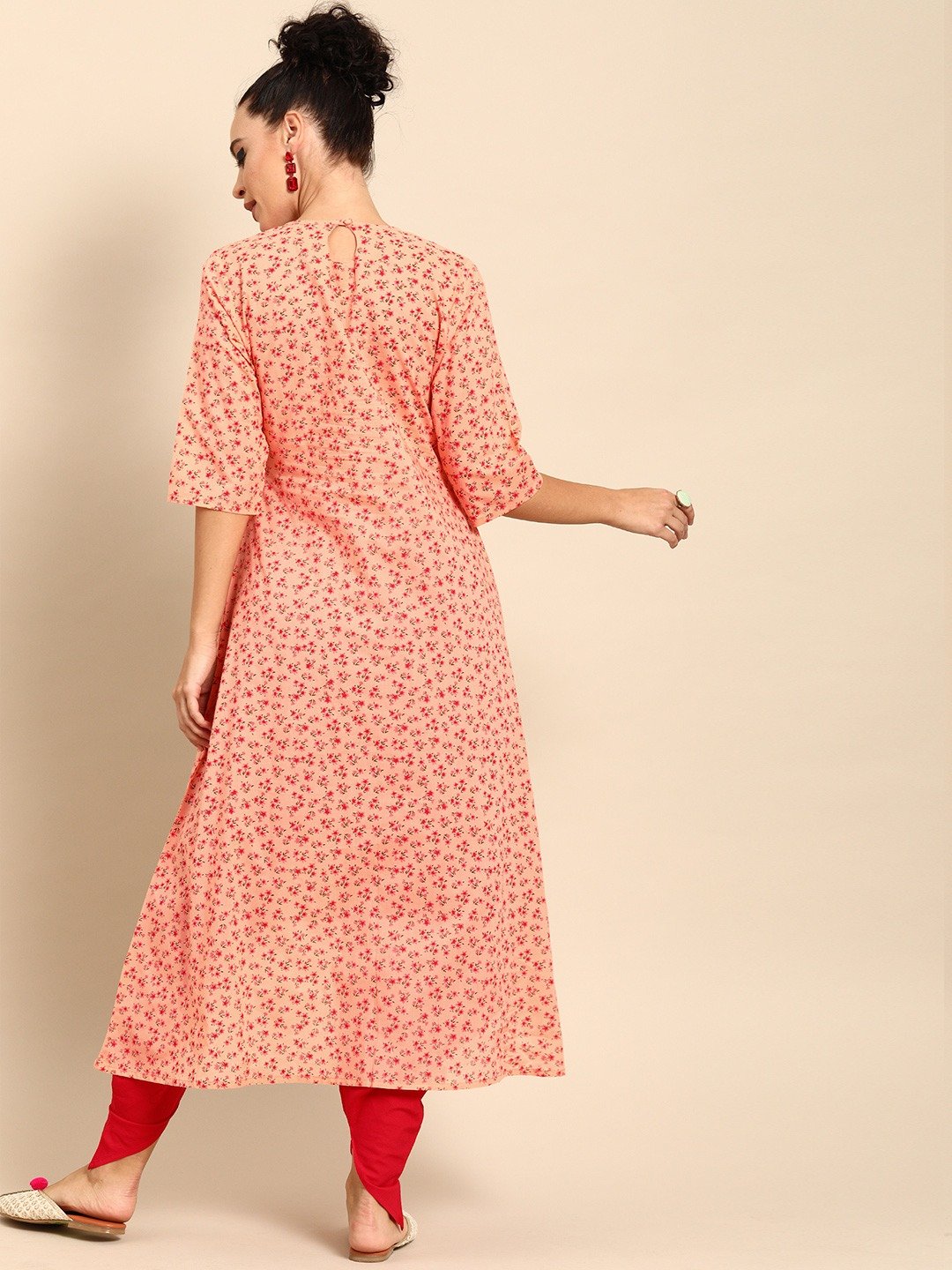 Women's Peach Three-Quarter Sleeves Asymmetric Kurta Set - Nayo Clothing