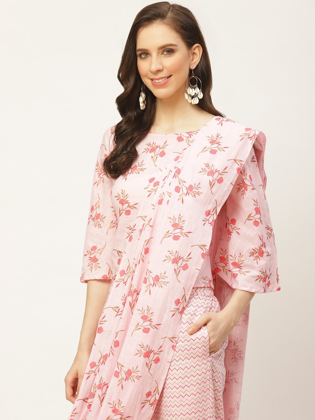 Women's Pink Printed Palazzo Saree And Blouse With Tie-Up Detail - Nayo Clothing