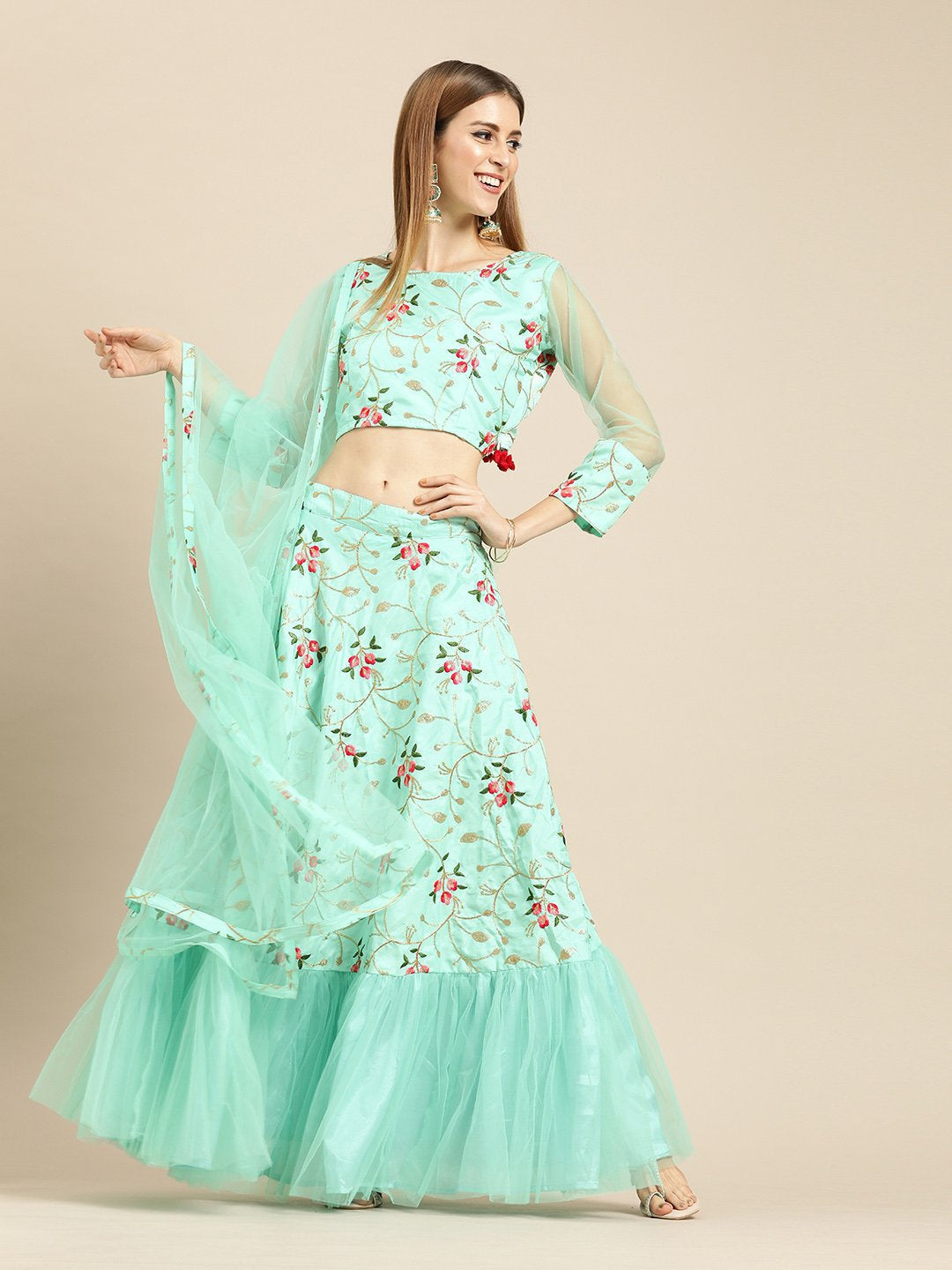 Women's Sea Green Silk Blended Lehenga 3/4Th Sleeve Net Choli With Dupatta - Nayo Clothing