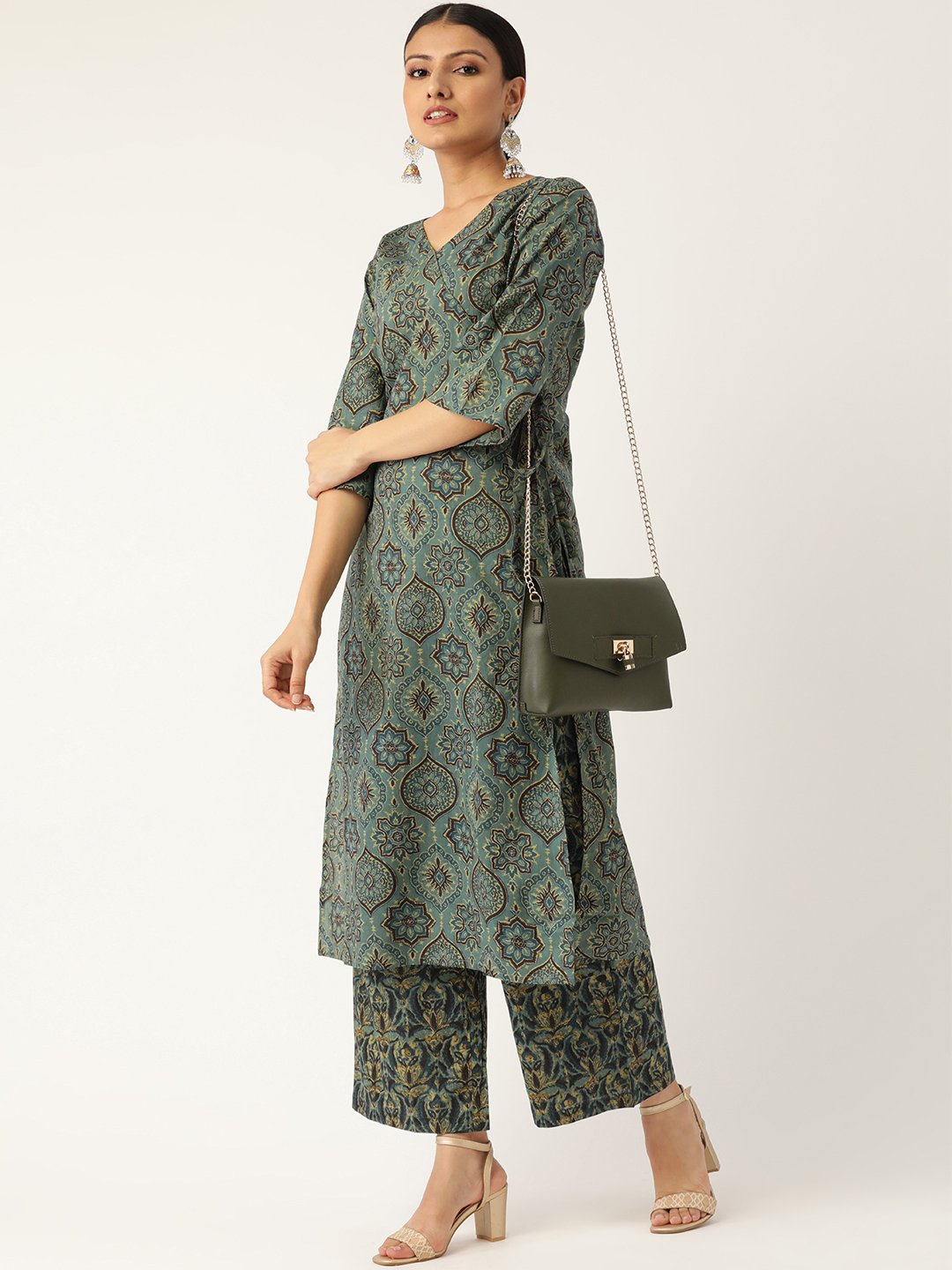 Women's Sage Green Three-Quarter Sleeves Printed Straight Pure Cotton Kurta With Palazzo - Nayo Clothing