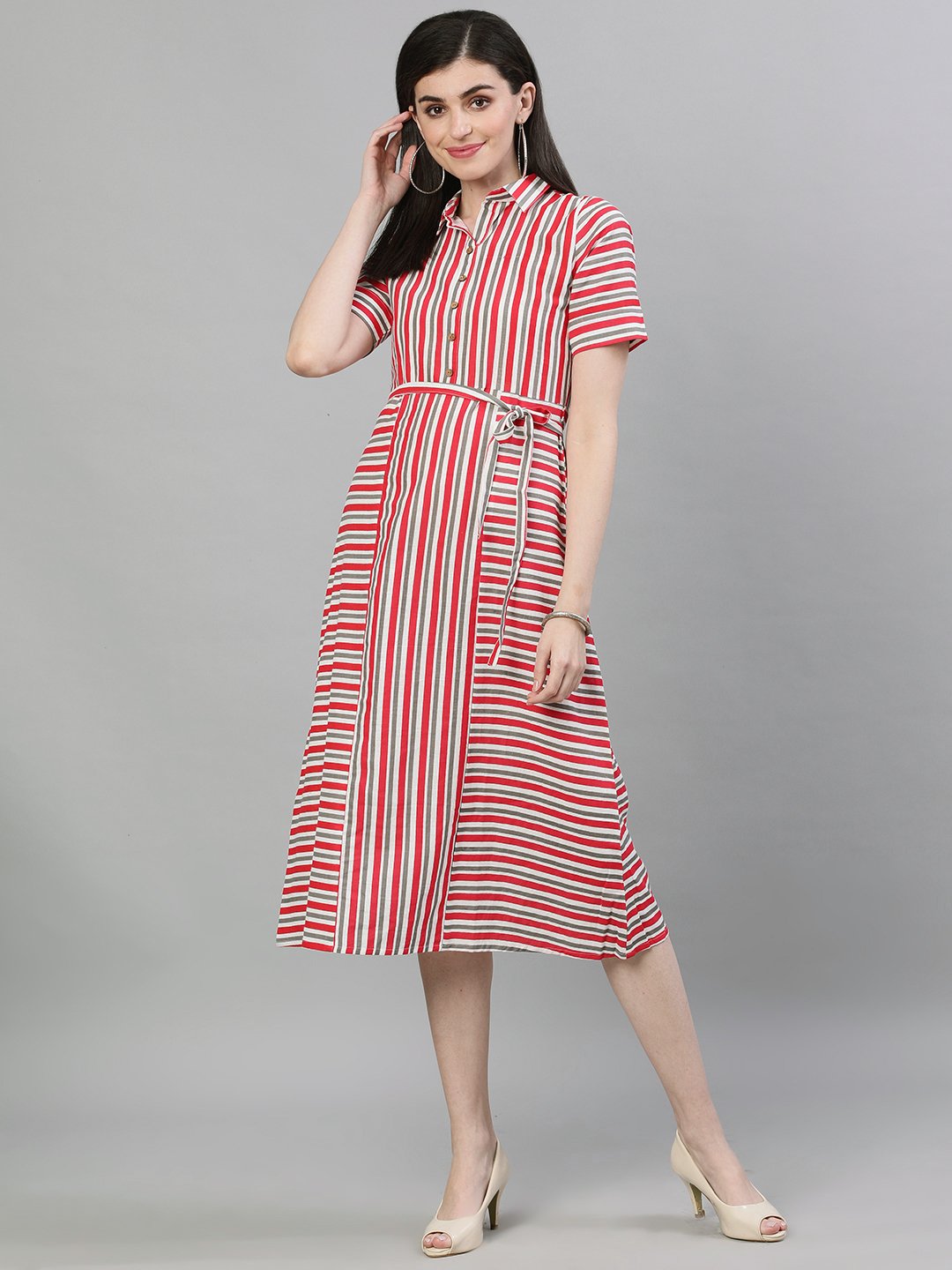 Women's Red Striped Striped Shirt Collar Cotton A-Line Dress - Nayo Clothing