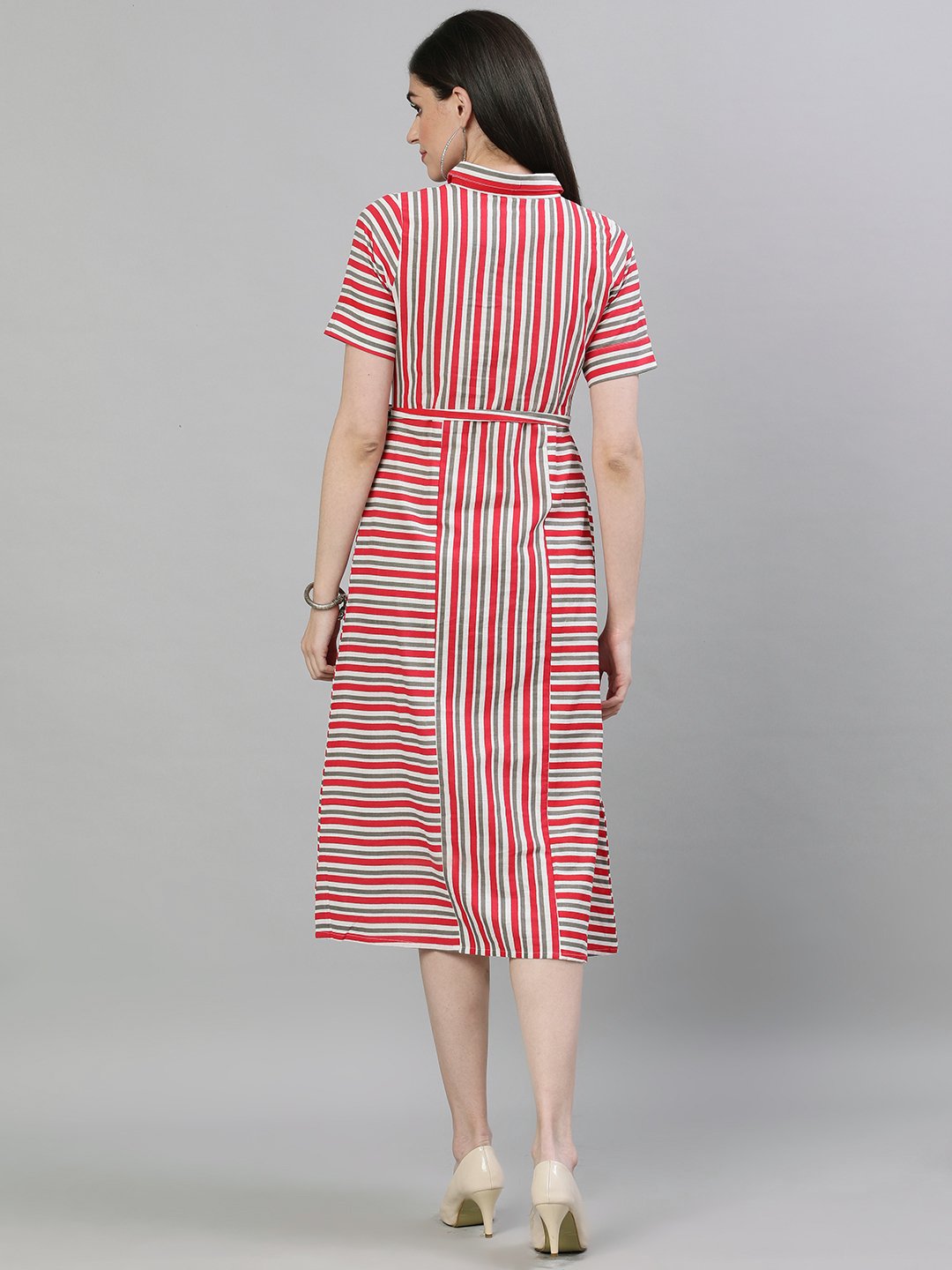 Women's Red Striped Striped Shirt Collar Cotton A-Line Dress - Nayo Clothing