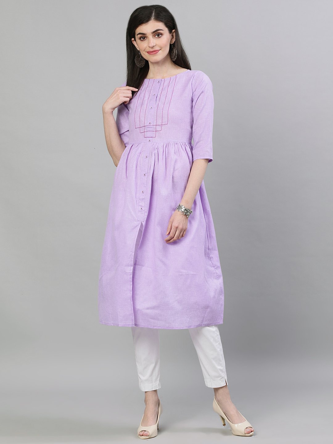 Women's Lavender Calf Length Three-Quarter Sleeves A-Line Solid Solid Cotton Kurta - Nayo Clothing