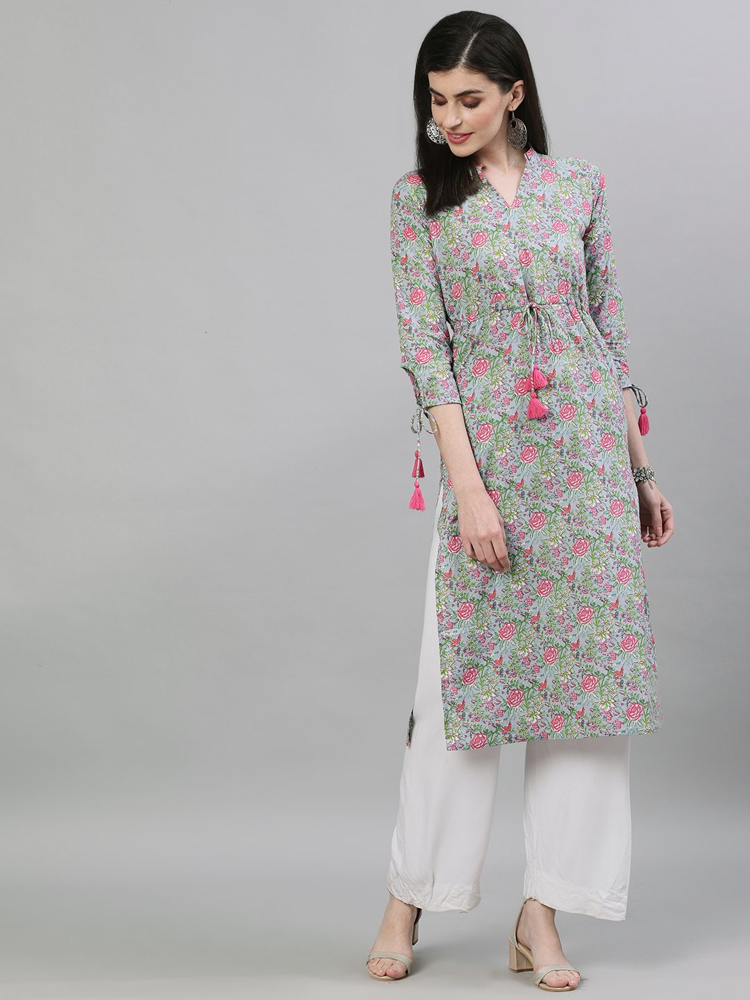 Women's Light Grey Calf Length Three-Quarter Sleeves A-Line Floral Printed Cotton Kurta - Nayo Clothing